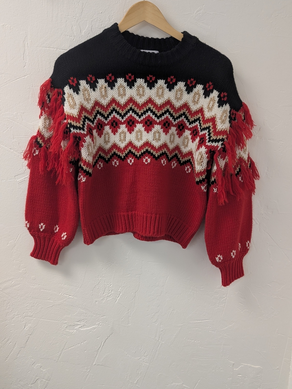 525 America XS Fair Isle Fringe Tassel Sweater Red Black Balloon Sleeve